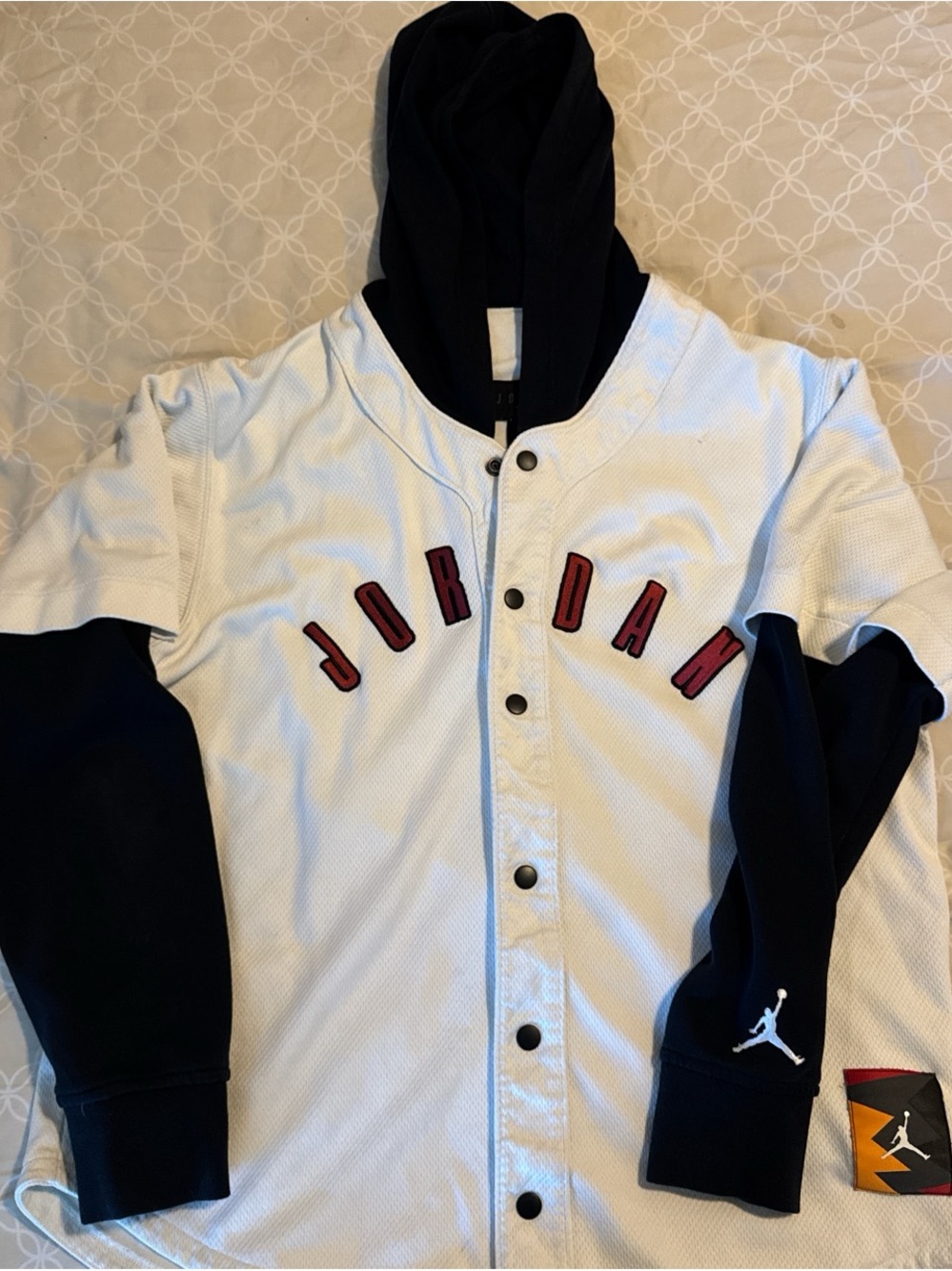 Jordan Men’s White and Black Hooded Baseball Jersey with Red Lettering
